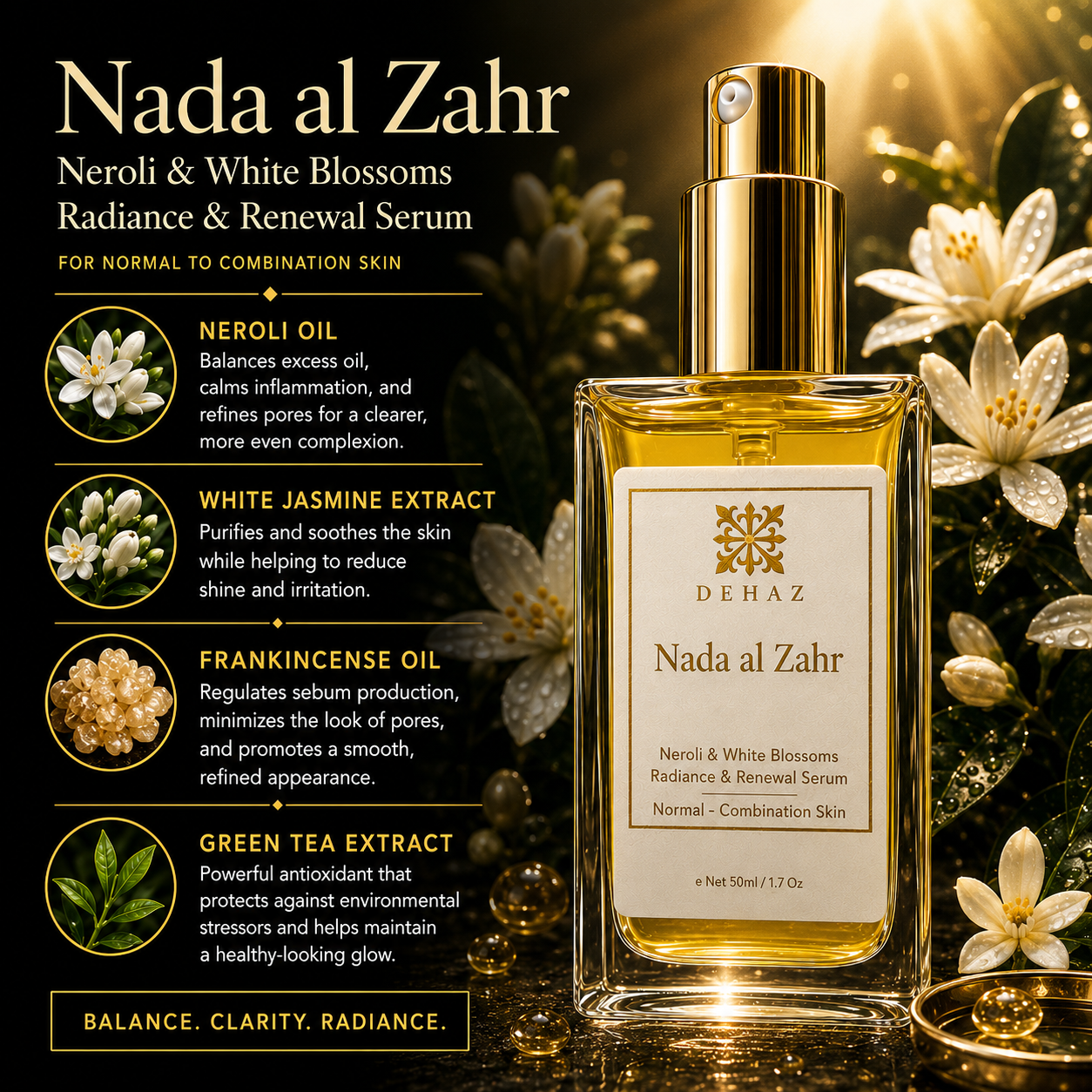Lightweight Nada Al Zahr facial oil serum with Marula, Passionfruit, and Sea Buckthorn oils