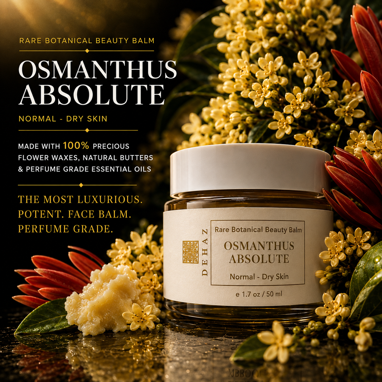 DEHAZ Osmanthus Absolute Rare Botanical Beauty Balm for Dry & Very Dry Skin, 1.7oz/50ml amber glass jar with osmanthus blossoms and red champaca flowers