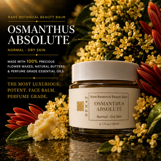 DEHAZ Osmanthus Absolute Rare Botanical Beauty Balm for Dry & Very Dry Skin, 1.7oz/50ml amber glass jar with osmanthus blossoms and red champaca flowers