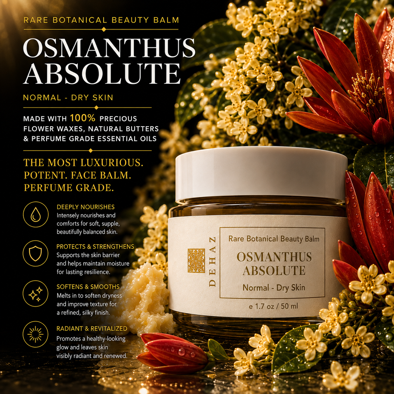Osmanthus Absolute dry skin balm benefits: deeply nourishing, skin barrier support, softens and smooths, natural radiance for dry, very dry skin