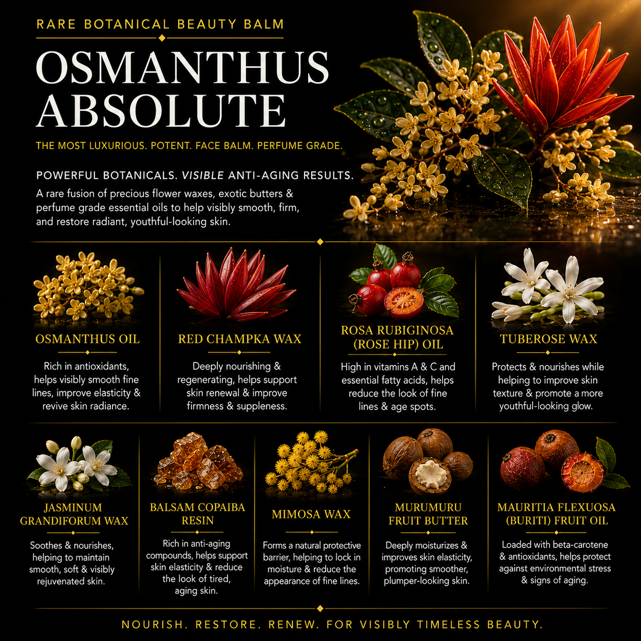 Osmanthus Absolute key ingredients: Osmanthus Oil, Red Champaca Wax, Rosehip Oil, Tuberose Wax, Jasmine Wax, Copaiba Resin, Mimosa Wax, Murumuru Butter, Buriti Fruit Oil for dry, very dry skin