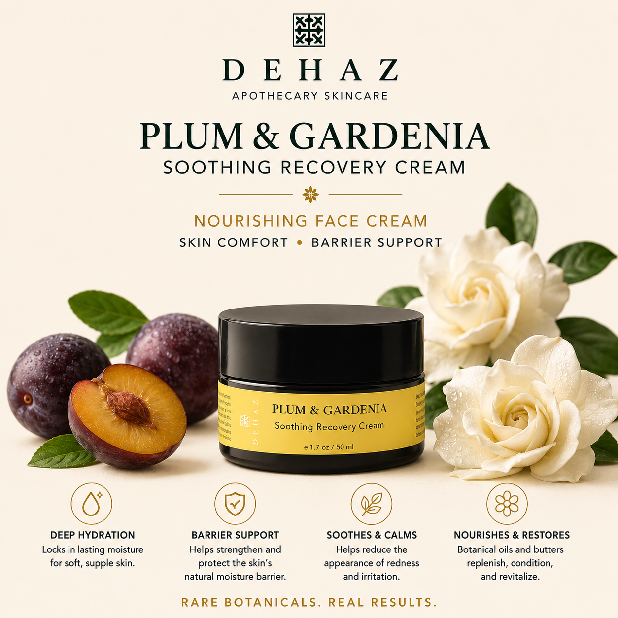 DEHAZ Plum Gardenia Barrier Comfort Cream luxury botanical moisturizer sensitive skin 1.7 oz