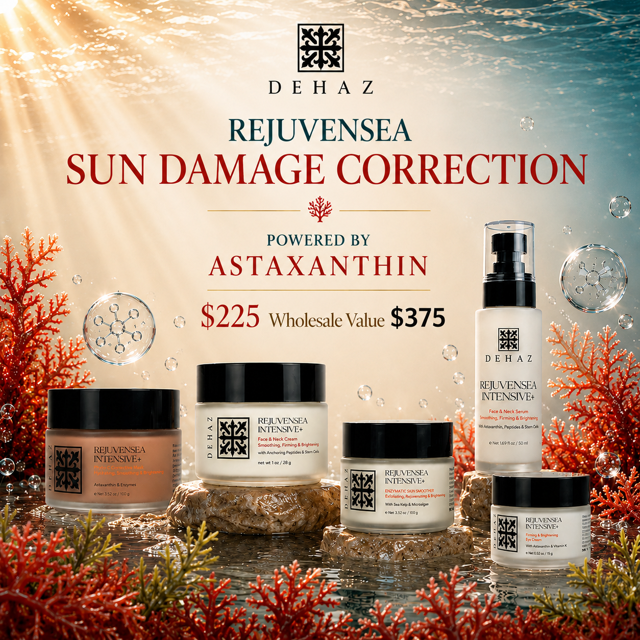 DEHAZ RejuvenSea Sun Damage Correction Bundle — four piece marine antioxidant anti-aging ritual powered by Astaxanthin with Enzymatic Skin Smoother, Astaxanthin Mask, Face & Neck Cream and Eye Cream, $225 value $375