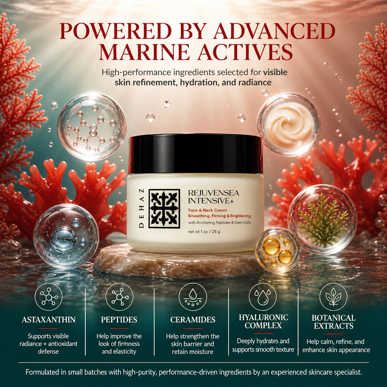 DEHAZ RejuvenSea Intensive+ Face & Neck Cream — powered by advanced marine actives with Astaxanthin for visible radiance and antioxidant defense, Peptides for firmness and elasticity appearance, Ceramides for barrier support, Hyaluronic Complex for deep hydration and botanical extracts to calm refine and enhance skin appearance
