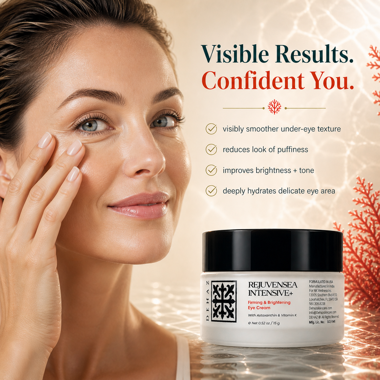 DEHAZ RejuvenSea Intensive+ Firming & Brightening Eye Cream 15g — visible results confident you, visibly smoother under-eye texture, reduces look of puffiness, improves brightness and tone, deeply hydrates delicate eye area with Astaxanthin and triple peptide complex