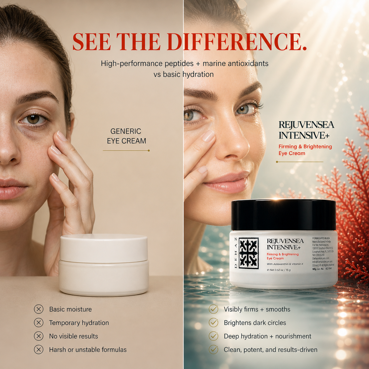 DEHAZ RejuvenSea Intensive+ Firming & Brightening Eye Cream vs generic eye cream — high performance peptides and marine antioxidants versus basic hydration, visibly firms and smooths, brightens dark circles, deep hydration and nourishment, clean potent and results-driven formula