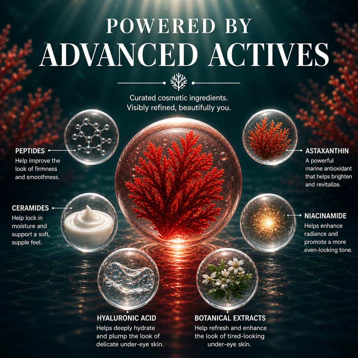 DEHAZ RejuvenSea Intensive+ Eye Cream powered by advanced actives — Peptides for visible firmness and smoothness, Astaxanthin marine antioxidant for visible brightening and revitalization, Ceramides for moisture and suppleness, Hyaluronic Acid for deep hydration of delicate under-eye skin, Niacinamide for radiance and even-looking tone, botanical extracts to refresh tired-looking under-eye skin