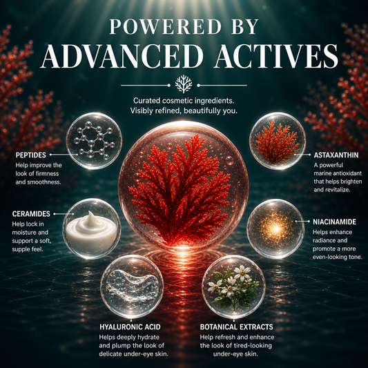 DEHAZ RejuvenSea Intensive+ Eye Cream powered by advanced actives — Peptides for visible firmness and smoothness, Astaxanthin marine antioxidant for visible brightening and revitalization, Ceramides for moisture and suppleness, Hyaluronic Acid for deep hydration of delicate under-eye skin, Niacinamide for radiance and even-looking tone, botanical extracts to refresh tired-looking under-eye skin