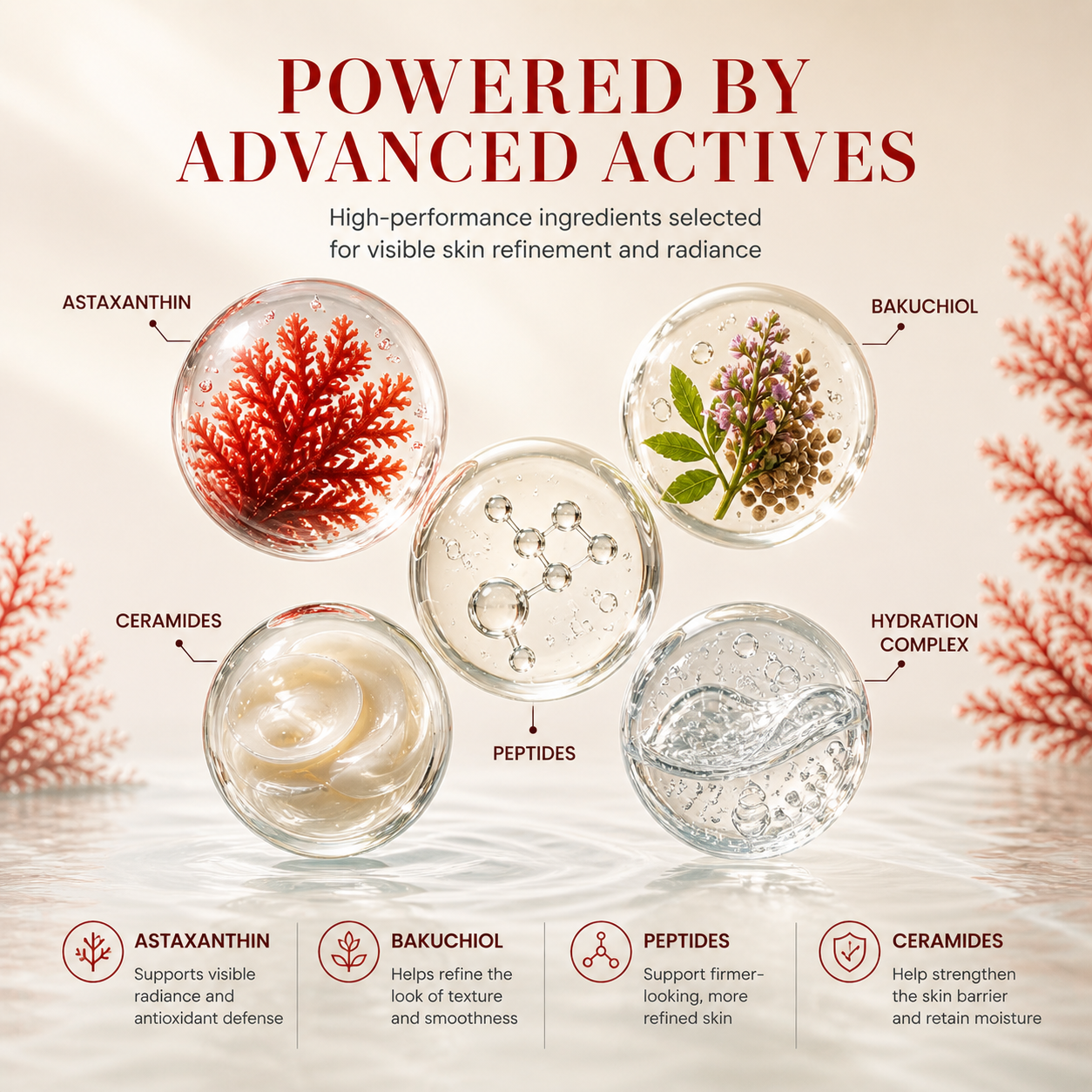 DEHAZ RejuvenSea Intensive+ Face & Neck Serum key ingredients — Astaxanthin for visible radiance and antioxidant defense, Bakuchiol for smoother texture, Acetyl Hexapeptide-8 for firmer-looking skin, Ceramides for barrier support and Hyaluronic Acid hydration complex