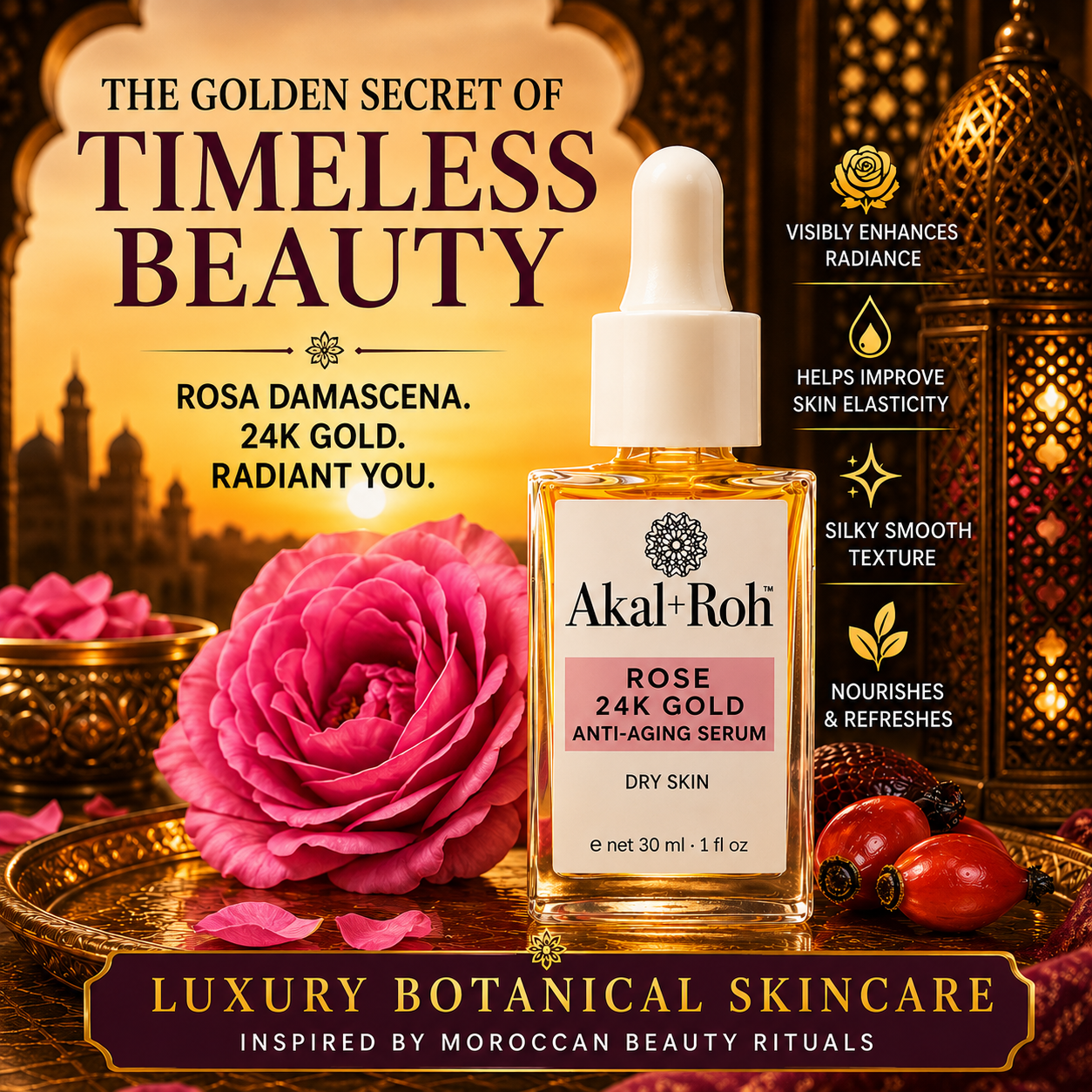 Rose 24K Gold Anti-Aging Serum with Rosa Damascena and 24K Gold for radiant, elastic-looking skin