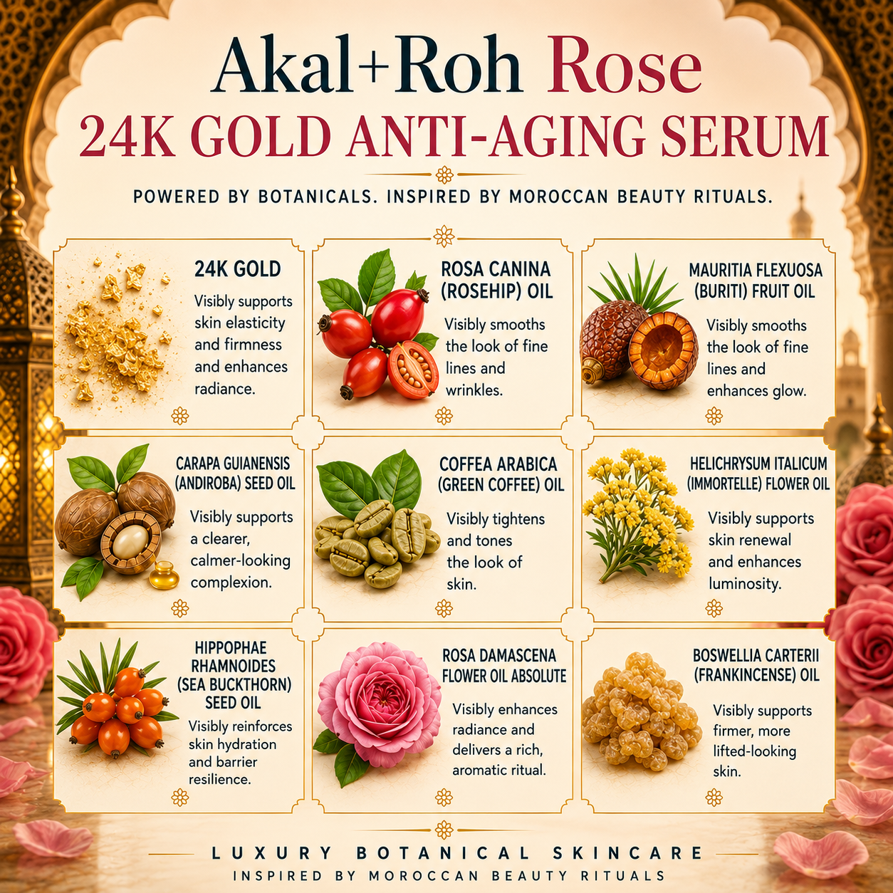Luxury Moroccan botanical oil serum with rosehip oil, sea buckthorn oil, and 24K gold