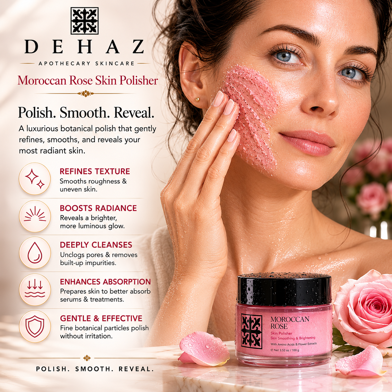 Moroccan Rose Skin Polisher – Gentle Exfoliating Face Polish for Radiance 3.4 Oz.