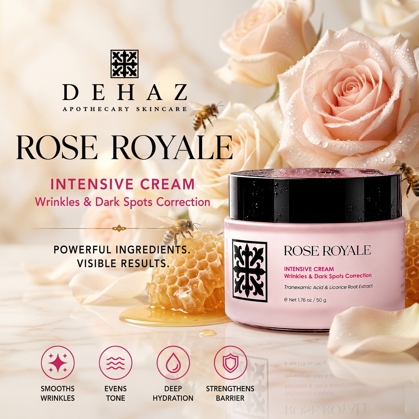 DEHAZ Rose Royale Intensive Cream jar 1.7 oz surrounded by Damascena roses and honeycomb, with icons for visibly smoother texture, even-looking tone, deep hydration, and barrier comfort support"