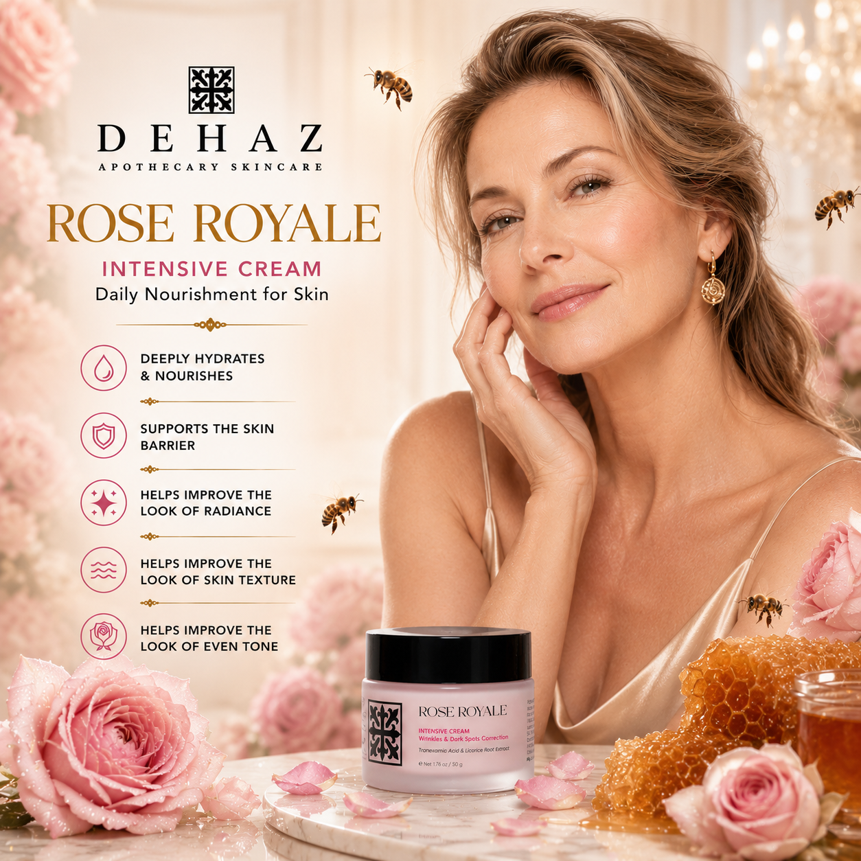 "Woman with radiant skin holding DEHAZ Rose Royale Intensive Cream jar, with benefit icons for deep hydration, barrier comfort support, and visibly improved radiance, texture, and tone"