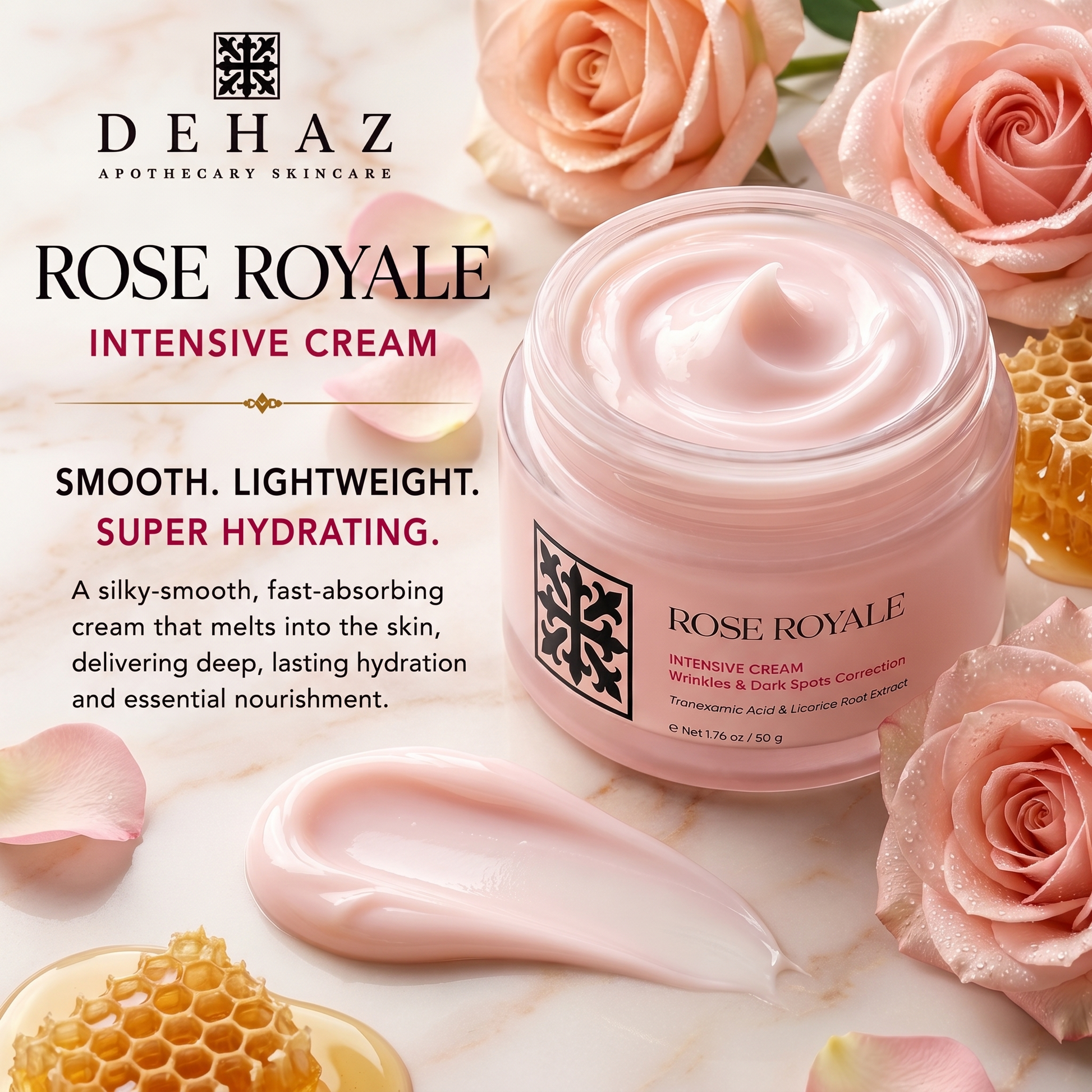 "Close-up of DEHAZ Rose Royale Intensive Cream silky pink texture swirled in open jar with a cream swatch, rose petals, and honeycomb in the background"
