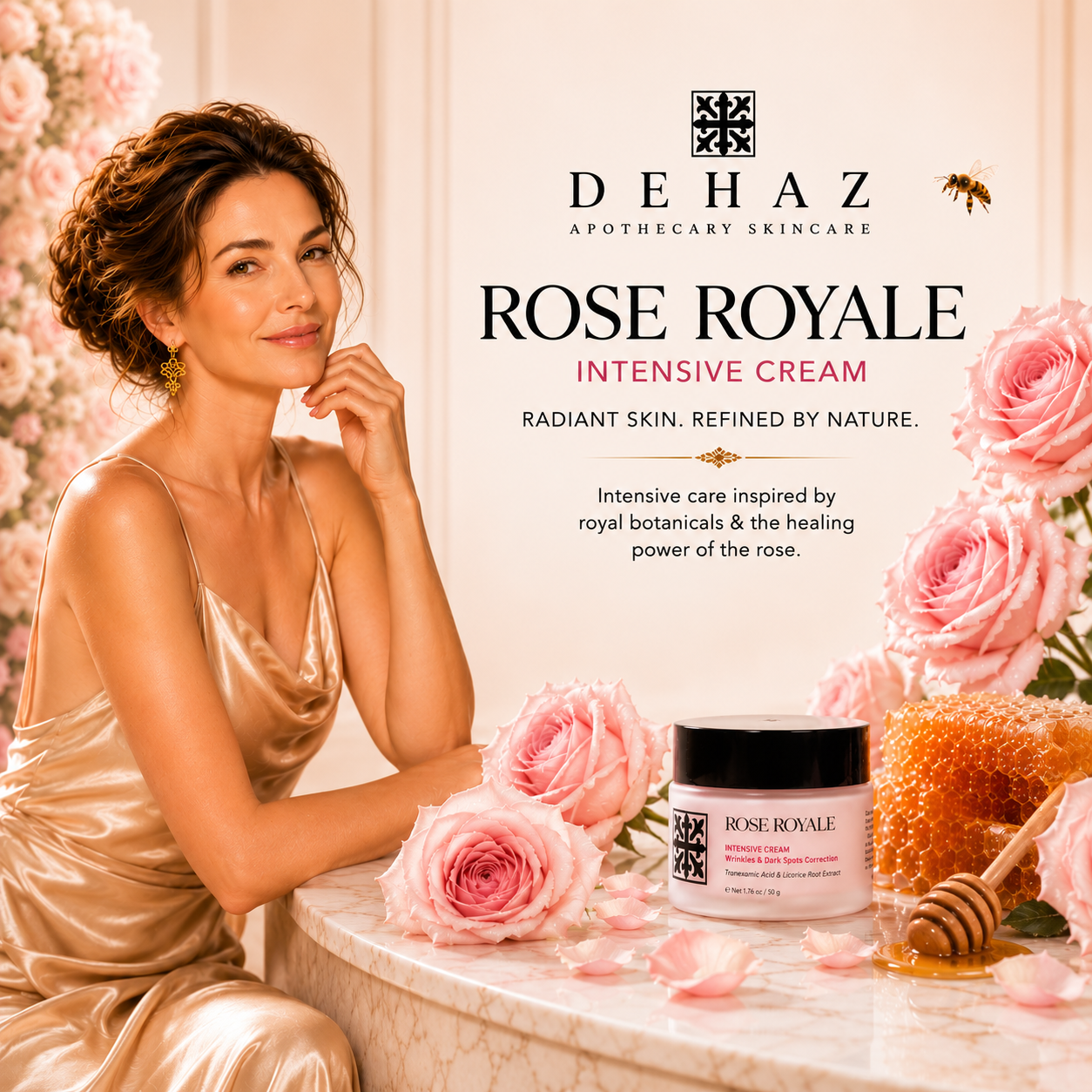  "Elegant woman in gold silk seated beside DEHAZ Rose Royale Intensive Cream jar with pink roses, honeycomb, and a honey dipper on a marble surface"