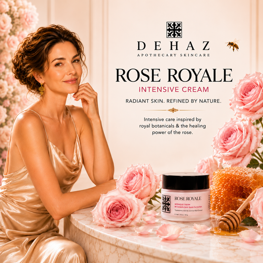  "Elegant woman in gold silk seated beside DEHAZ Rose Royale Intensive Cream jar with pink roses, honeycomb, and a honey dipper on a marble surface"