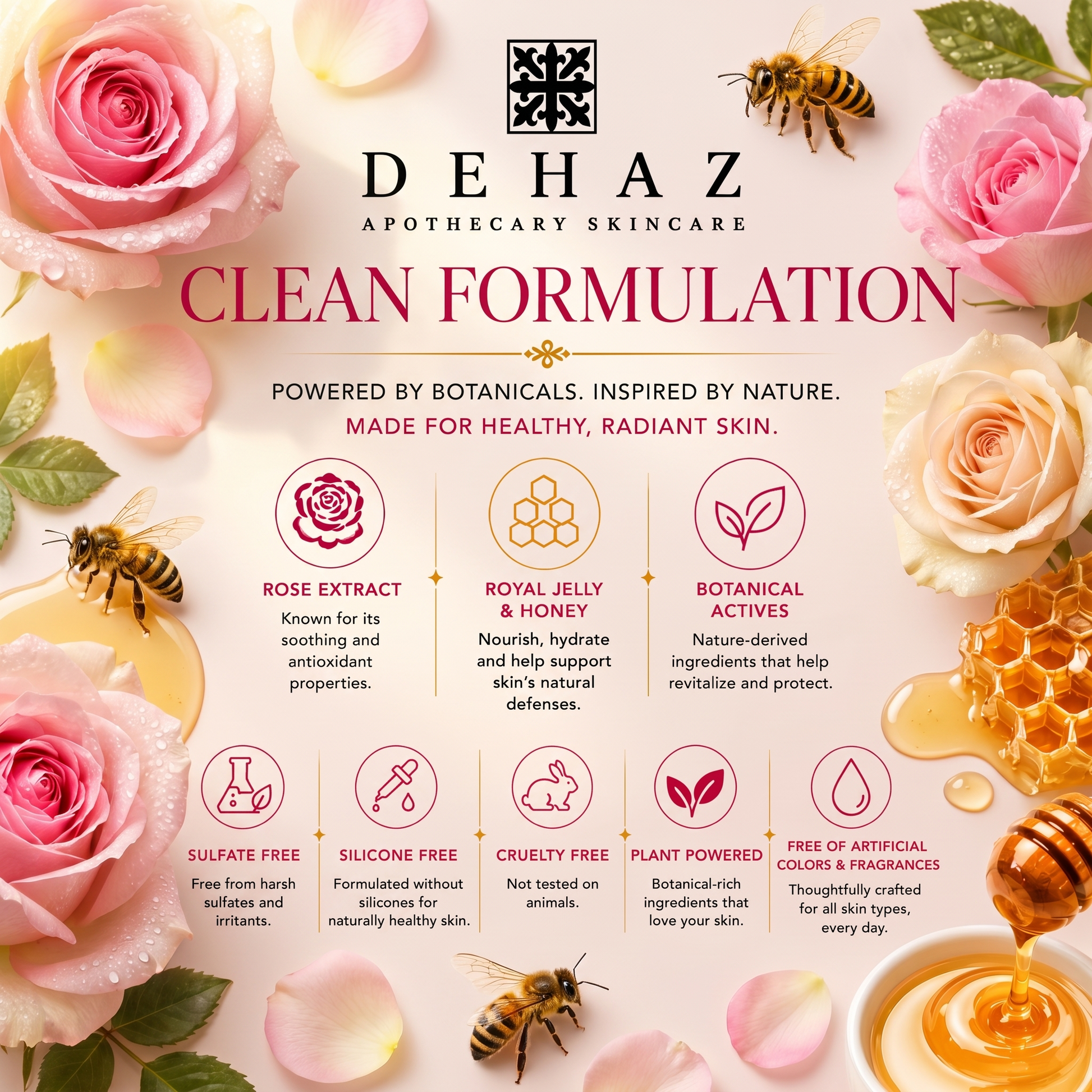 "DEHAZ Clean Formulation infographic with rose extract, royal jelly, honey, and botanical actives, plus badges for sulfate-free, silicone-free, cruelty-free, plant-powered, and free of artificial colors and fragrances"
