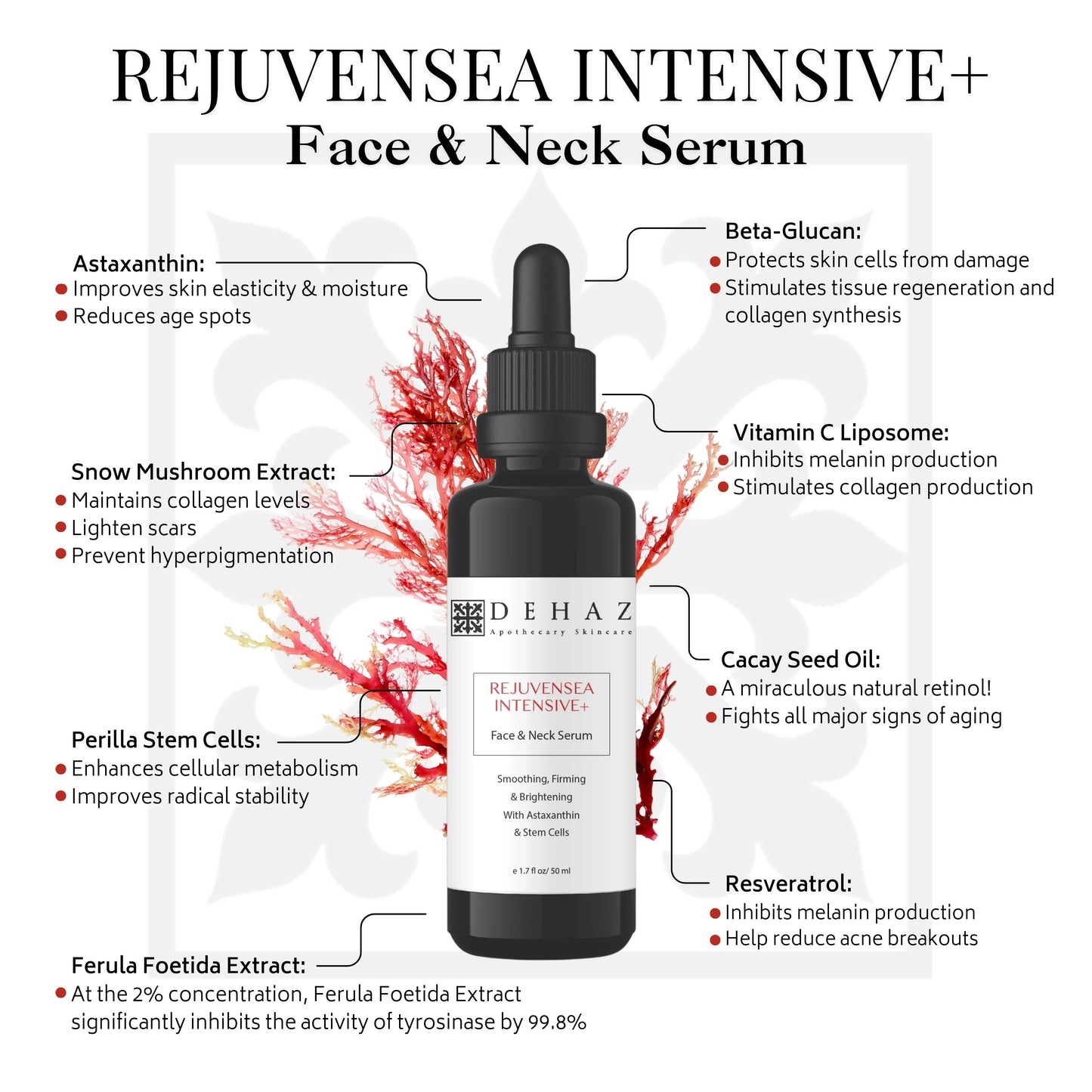 Luxury face & neck serum with Astaxanthin, Perilla Stem Cells, Snow Mushroom & Cacay Oil. Visibly firms, brightens & protects. Professional esthetician grade.