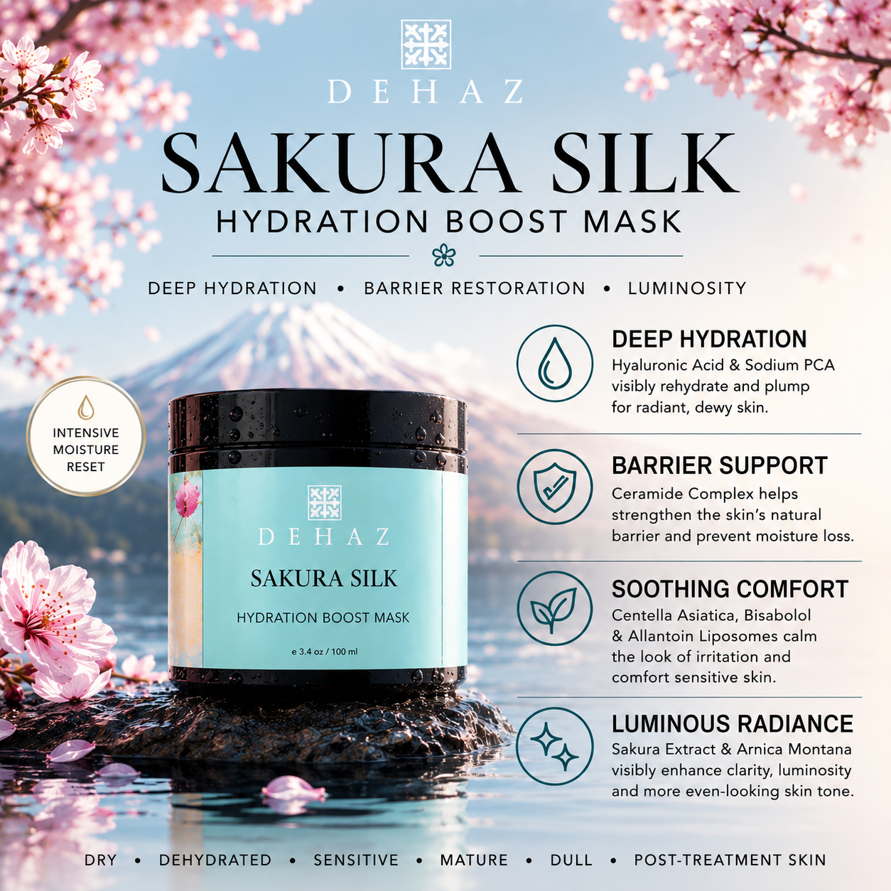 DEHAZ Sakura Silk Hydration Boost Mask 100ml — intensive hydration mask with Japanese Sakura Extract, Ceramide Complex and Hyaluronic Acid