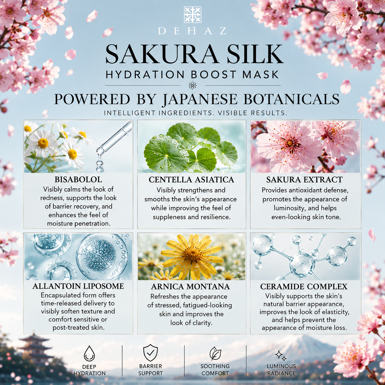  DEHAZ Sakura Silk key ingredients — Sakura Flower Extract, Ceramide Complex, Allantoin Liposomes, Arnica Montana, Hyaluronic Acid