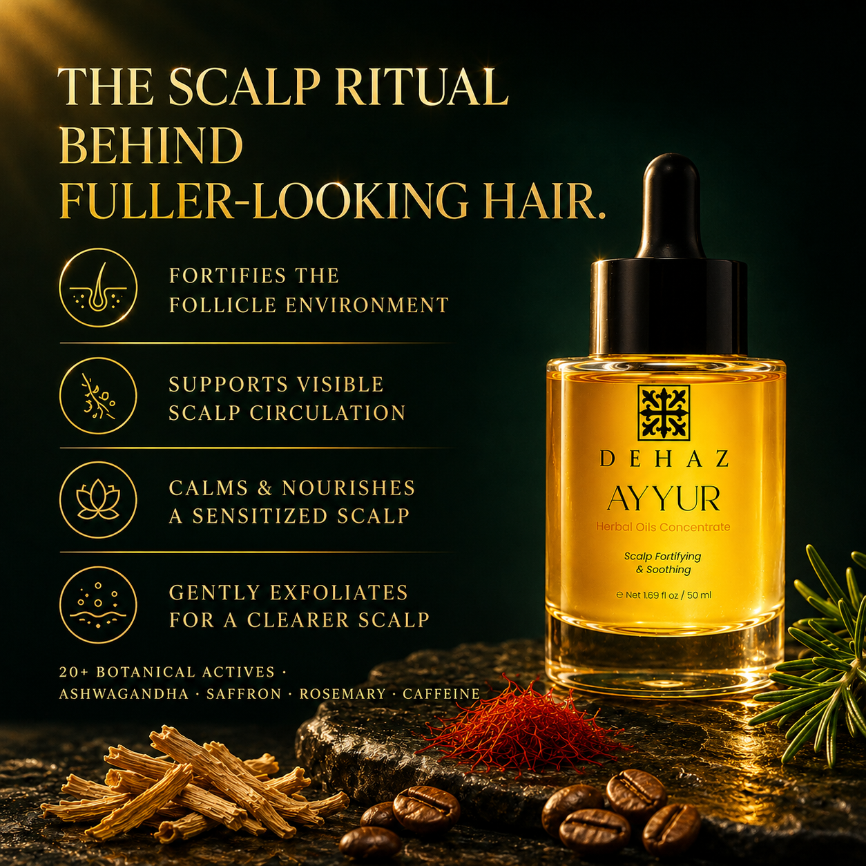 DEHAZ AYYUR scalp oil benefits for hair loss and thinning hair: circulation support, follicle fortification, scalp exfoliation