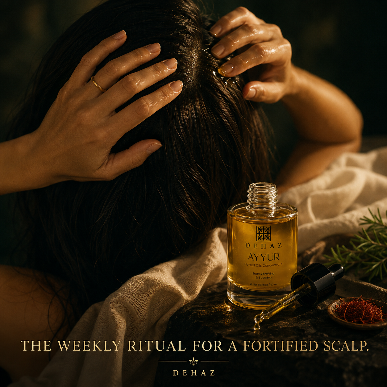 Applying DEHAZ AYYUR scalp treatment oil for hair growth, weekly scalp massage ritual