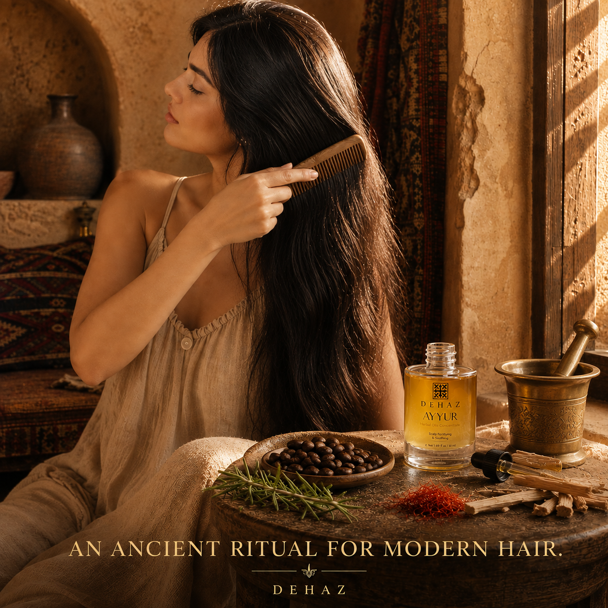 Woman with thick healthy hair using DEHAZ AYYUR Ayurvedic hair growth oil for scalp health