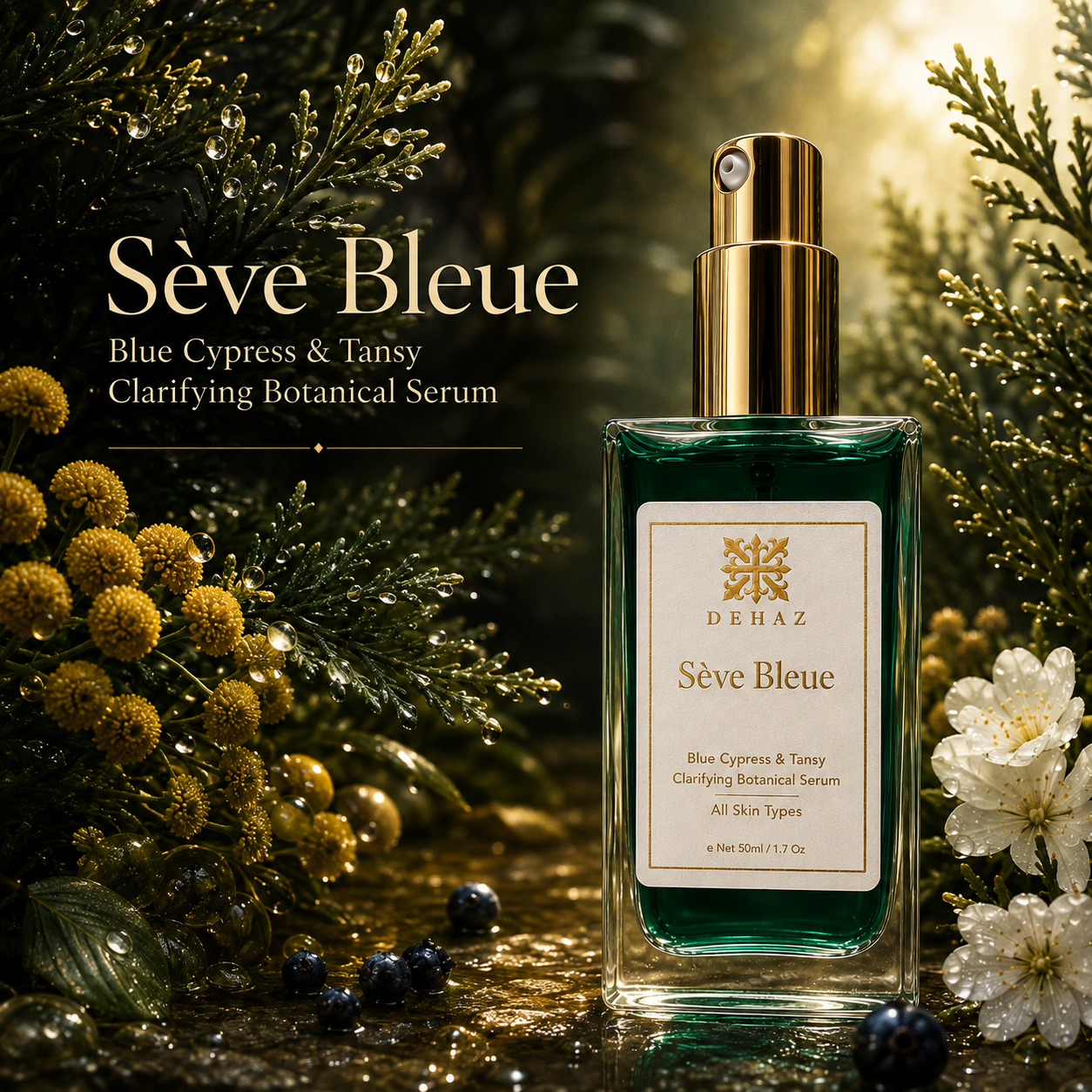 DEHAZ Sève Bleue Blue Cypress & Tansy Clarifying Botanical Serum for All Skin Types, 50ml/1.7oz green glass bottle with cypress branches, tansy flowers, and berries