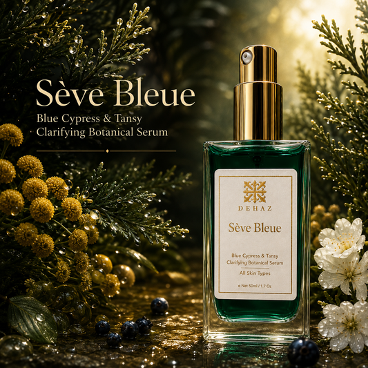 DEHAZ Sève Bleue Blue Cypress & Tansy Clarifying Botanical Serum for All Skin Types, 50ml/1.7oz green glass bottle with cypress branches, tansy flowers, and berries