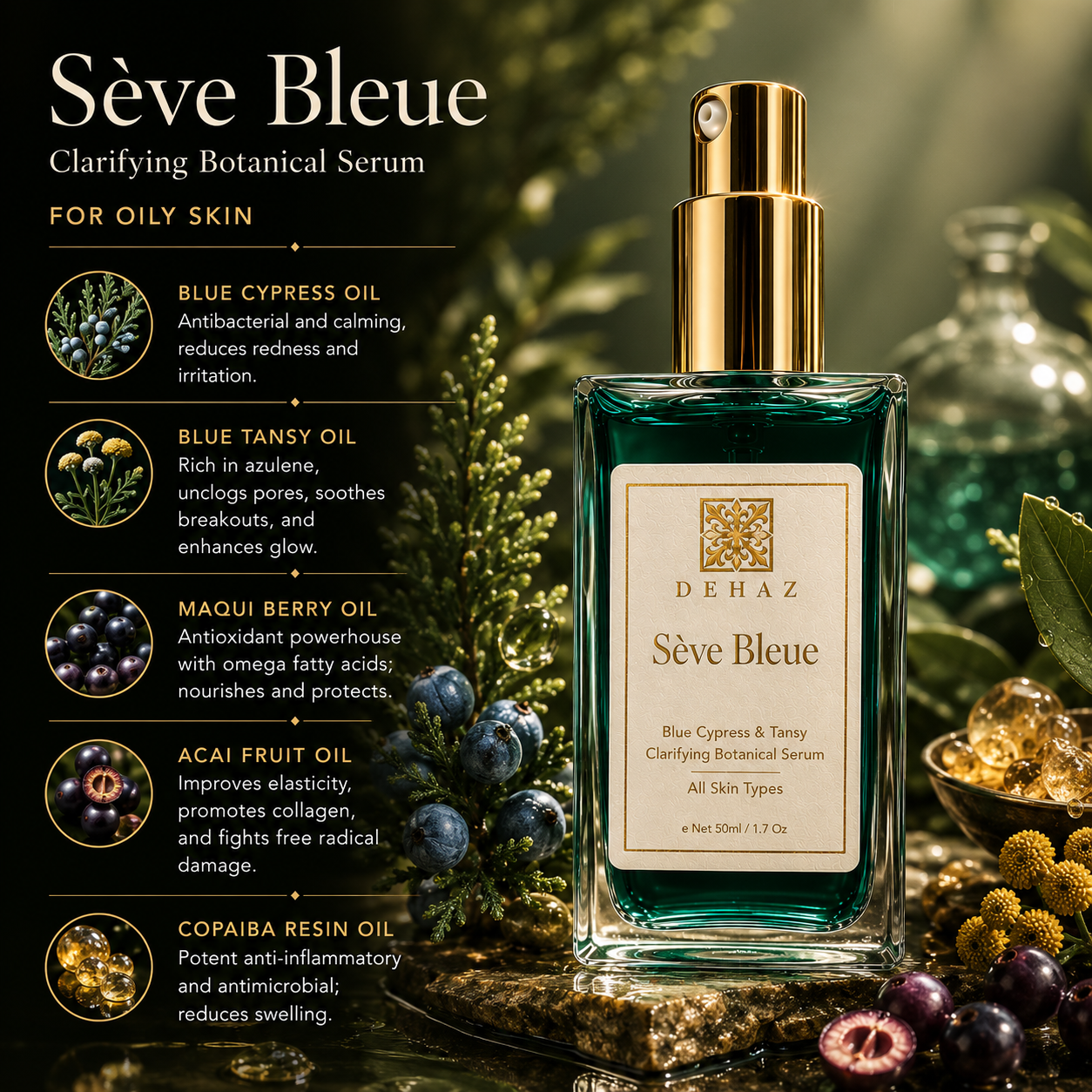 Sève Bleue key ingredients: Blue Cypress Oil, Blue Tansy Oil, Maqui Berry Oil, Açaí Fruit Oil, and Copaiba Resin Oil for oily, blemish-prone skin