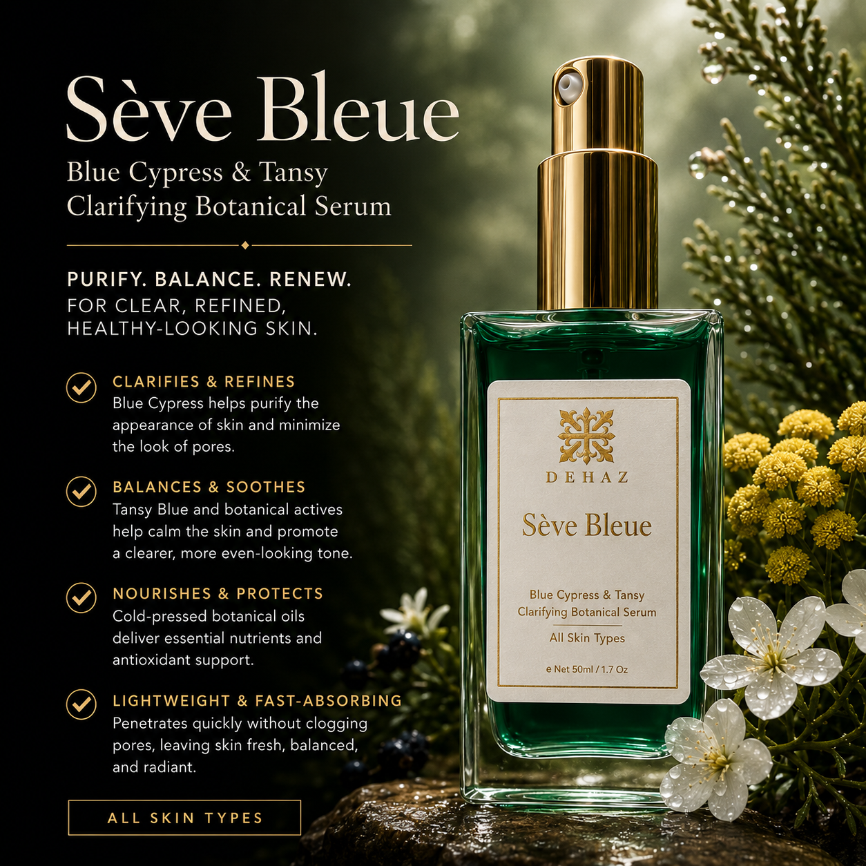 Sève Bleue Blue Cypress & Tansy Clarifying Botanical Serum benefits: clarifies, refines, balances, soothes, nourishes, and protects for clear, healthy-looking skin