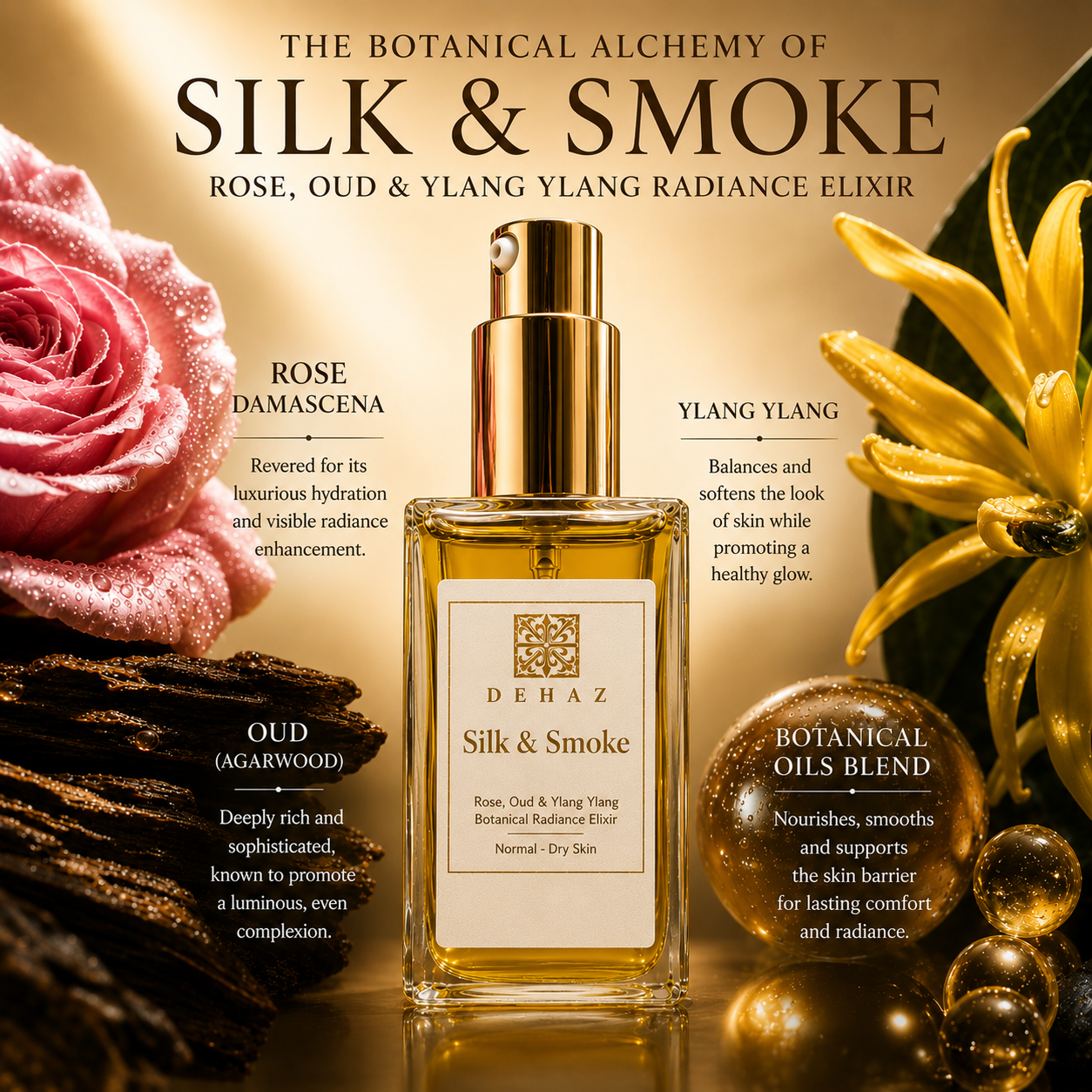 DEHAZ Silk & Smoke botanical serum bottle with rose, oud wood, and ylang ylang flower for normal to dry skin radiance