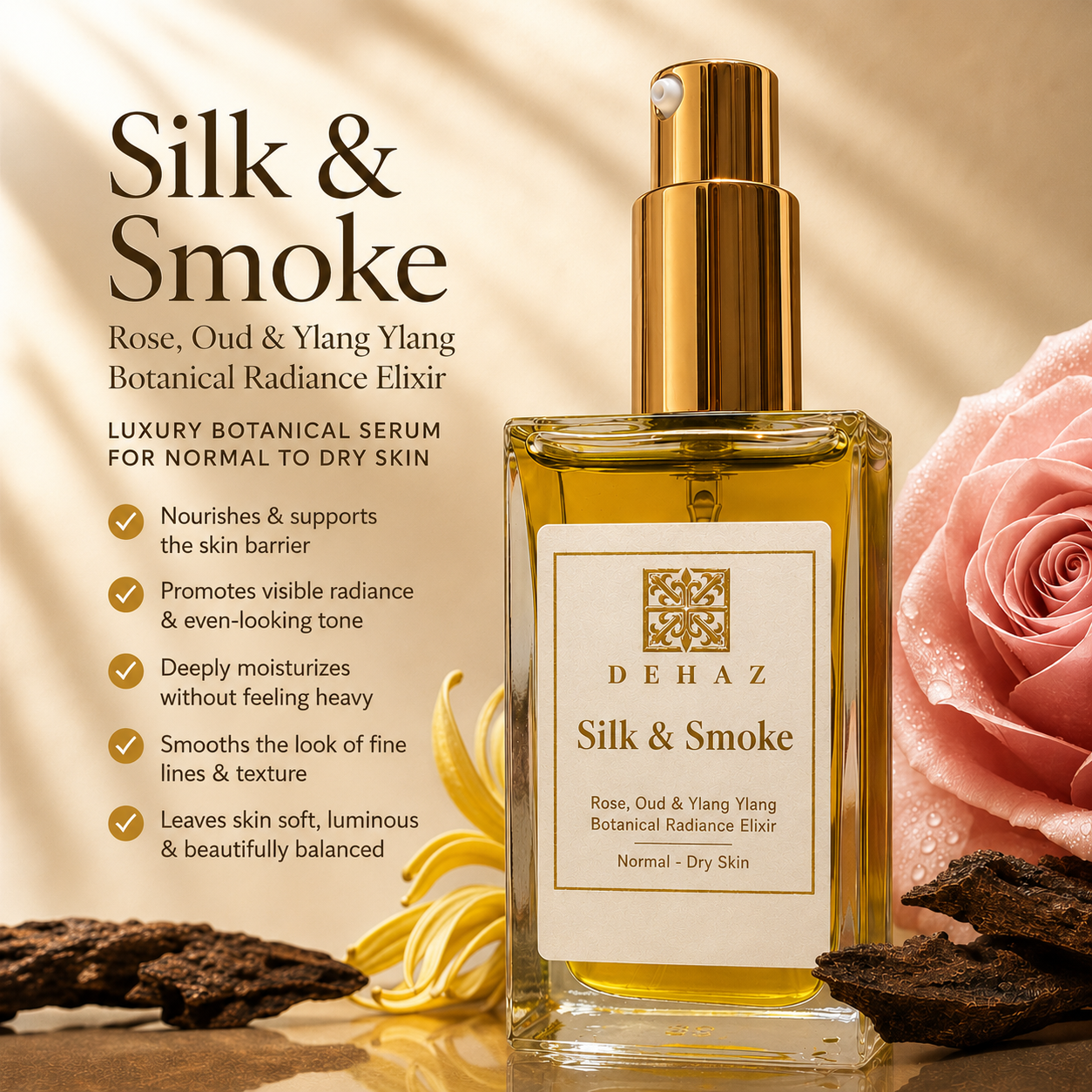 DEHAZ Silk & Smoke Rose, Oud & Ylang Ylang Radiance Elixir with Rose Damascena, Oud Agarwood, and Ylang Ylang botanical oils