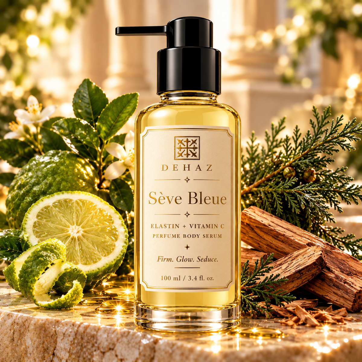 DEHAZ Sève Bleue Elastin + Vitamin C Perfume Body Serum with bergamot, cedar and sandalwood in a luxury botanical fragrance setting.