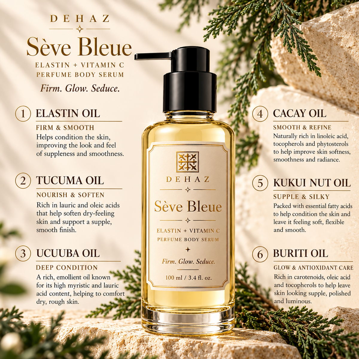 DEHAZ Sève Bleue Elastin + Vitamin C Perfume Body Serum with fresh bergamot, cedar leaves and sandalwood in a luxurious botanical setting.