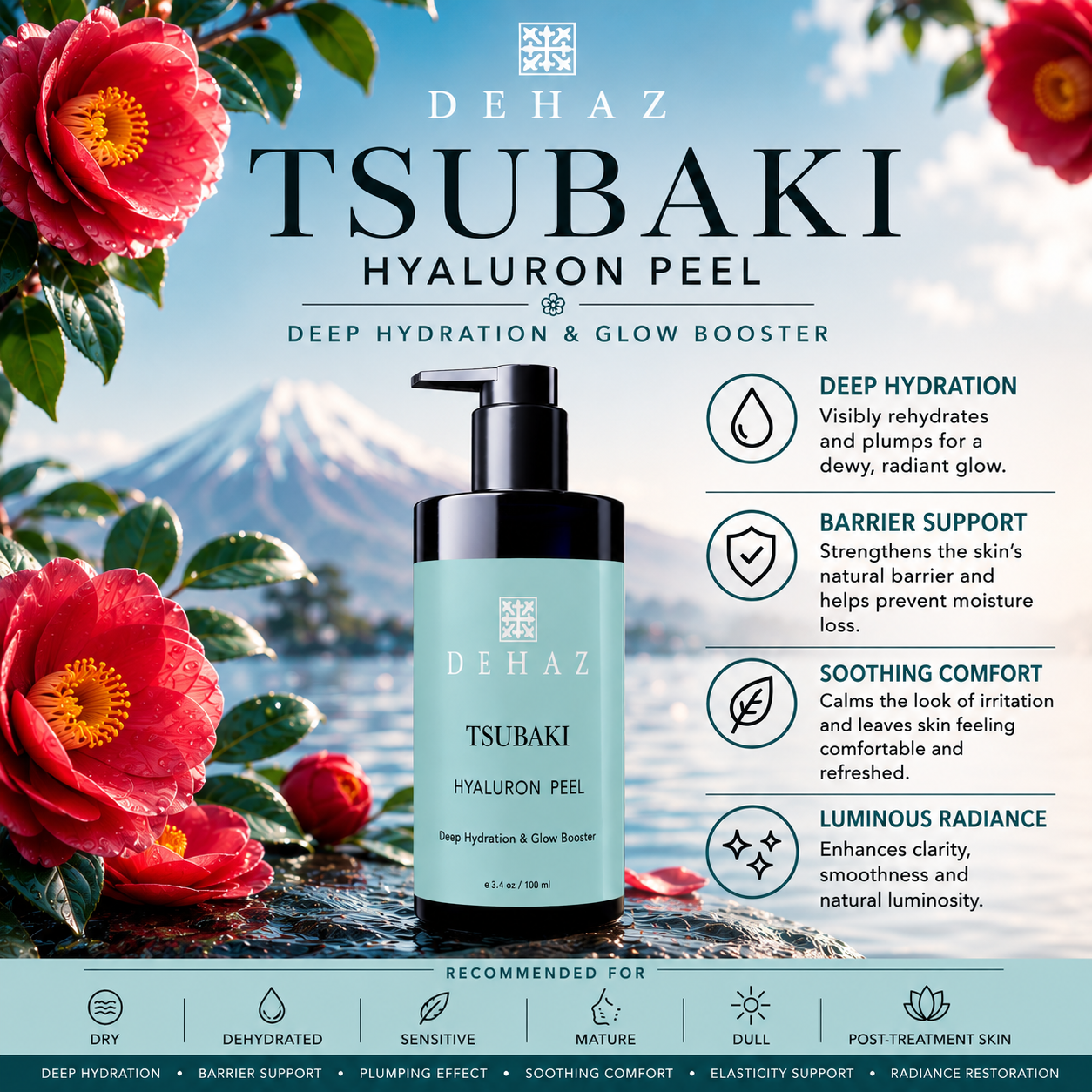 DEHAZ Tsubaki Hyaluron Peel 100ml pump bottle — hydrating resurfacing peel with Mandelic Acid, Tsubaki Extract, Ectoin and Hyaluronic Acid