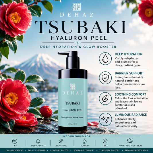 DEHAZ Tsubaki Hyaluron Peel 100ml pump bottle — hydrating resurfacing peel with Mandelic Acid, Tsubaki Extract, Ectoin and Hyaluronic Acid