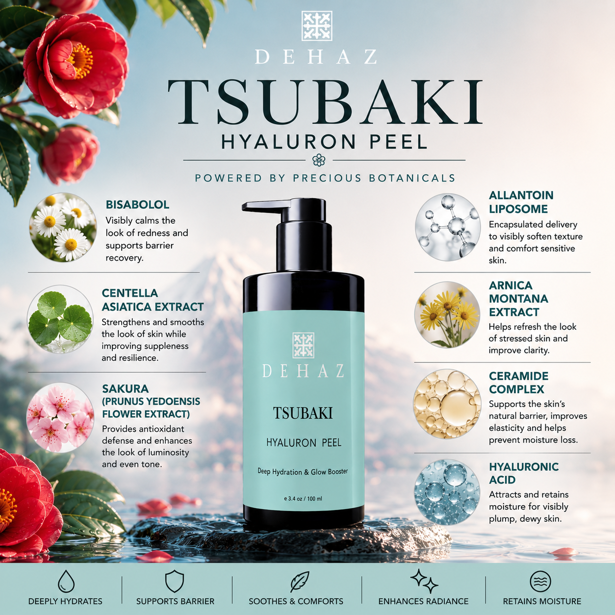 DEHAZ Tsubaki Hyaluron Peel key ingredients — Camellia Japonica Extract, Mandelic Acid, Sodium Hyaluronate, Ectoin, Arnica Montana