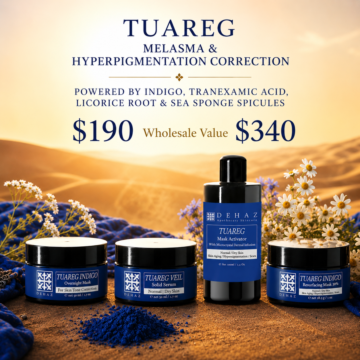 "DEHAZ Tuareg melasma and hyperpigmentation correction skincare bundle — indigo overnight mask, solid serum, mask activator, and resurfacing mask, desert-themed packaging"