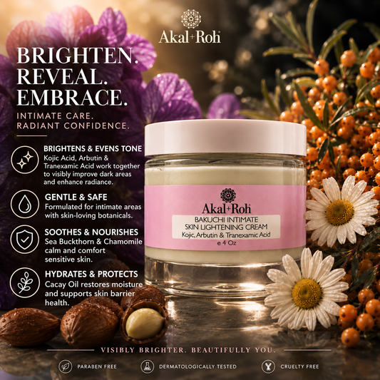Akal+Roh Bakuchi Intimate Skin Lightening Cream 4oz jar surrounded by violet flowers, chamomile, sea buckthorn berries and Bakuchi seeds — brightening cream for underarm dark spots and bikini line hyperpigmentation