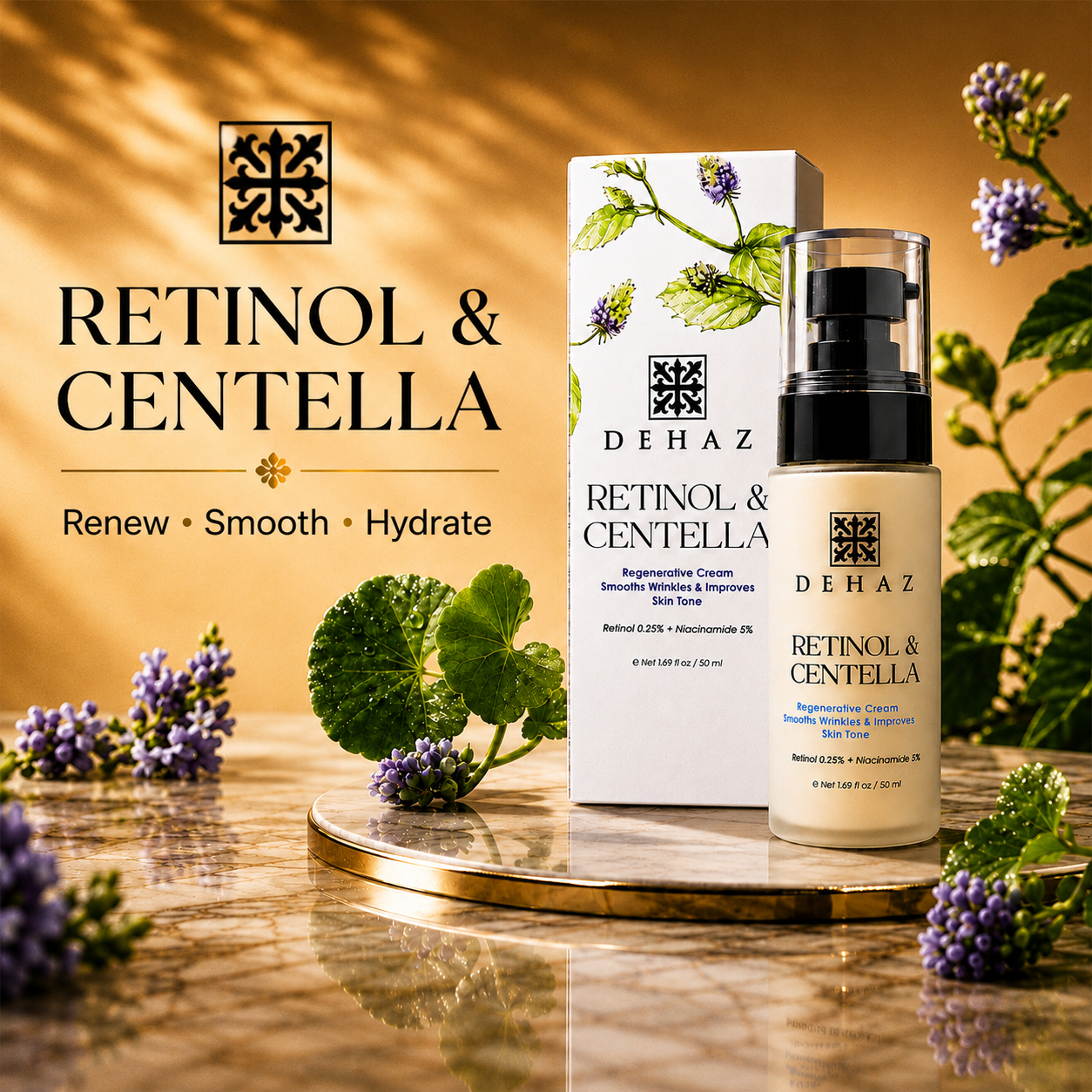 "DEHAZ Retinol & Centella Renewing Cream 1.69 oz bottle and box with Centella Asiatica leaves and purple flowers"