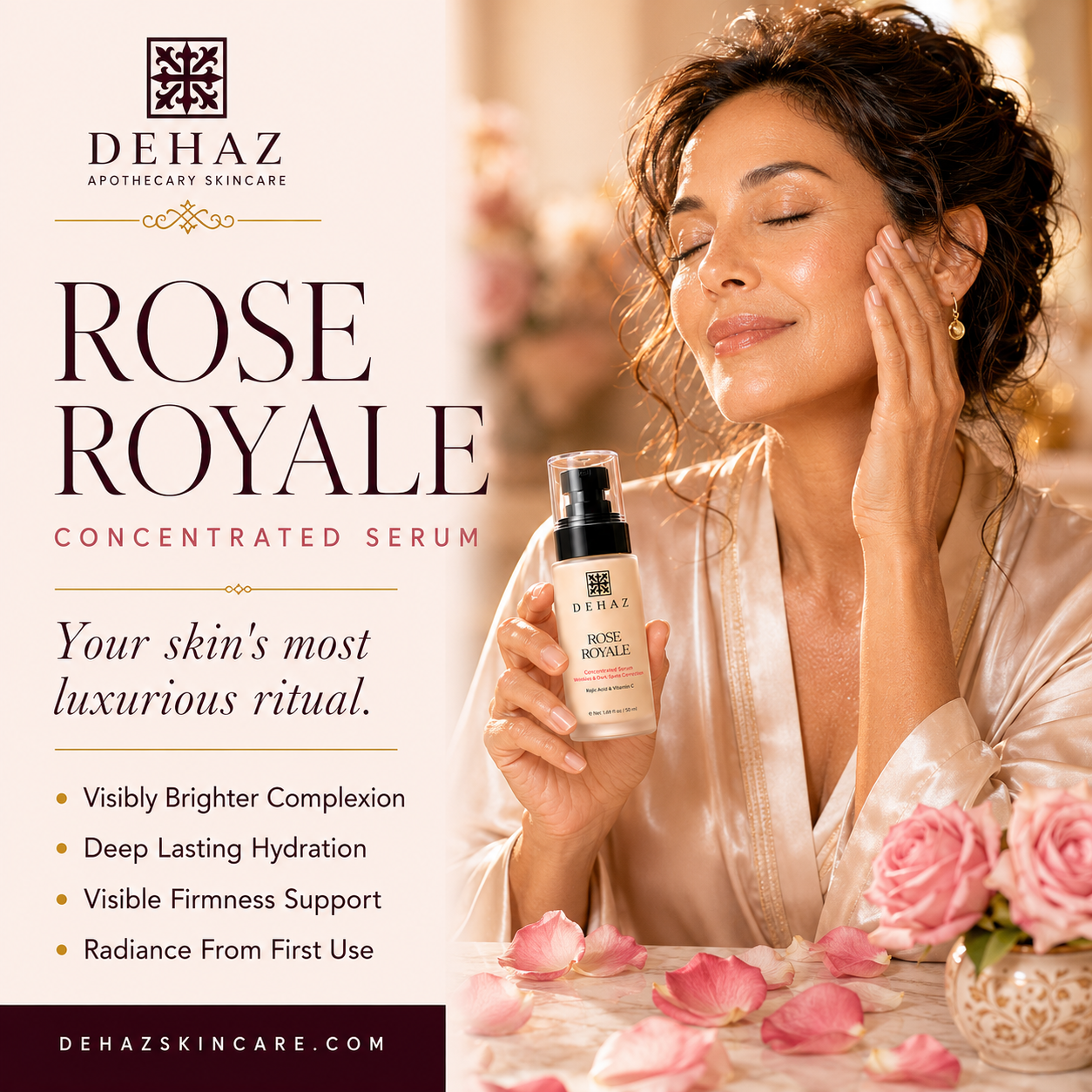 DEHAZ Rose Royale Concentrated Serum lifestyle — confident luminous-looking woman applying luxury anti-aging brightening serum, visibly brighter complexion, deep lasting hydration, visible firmness support, radiance from first use, your skin's most luxurious ritual, concentrated serum with Rosa Damascena Propolis Honey Tranexamic Acid and Cacay Oil, dehazskincare.com