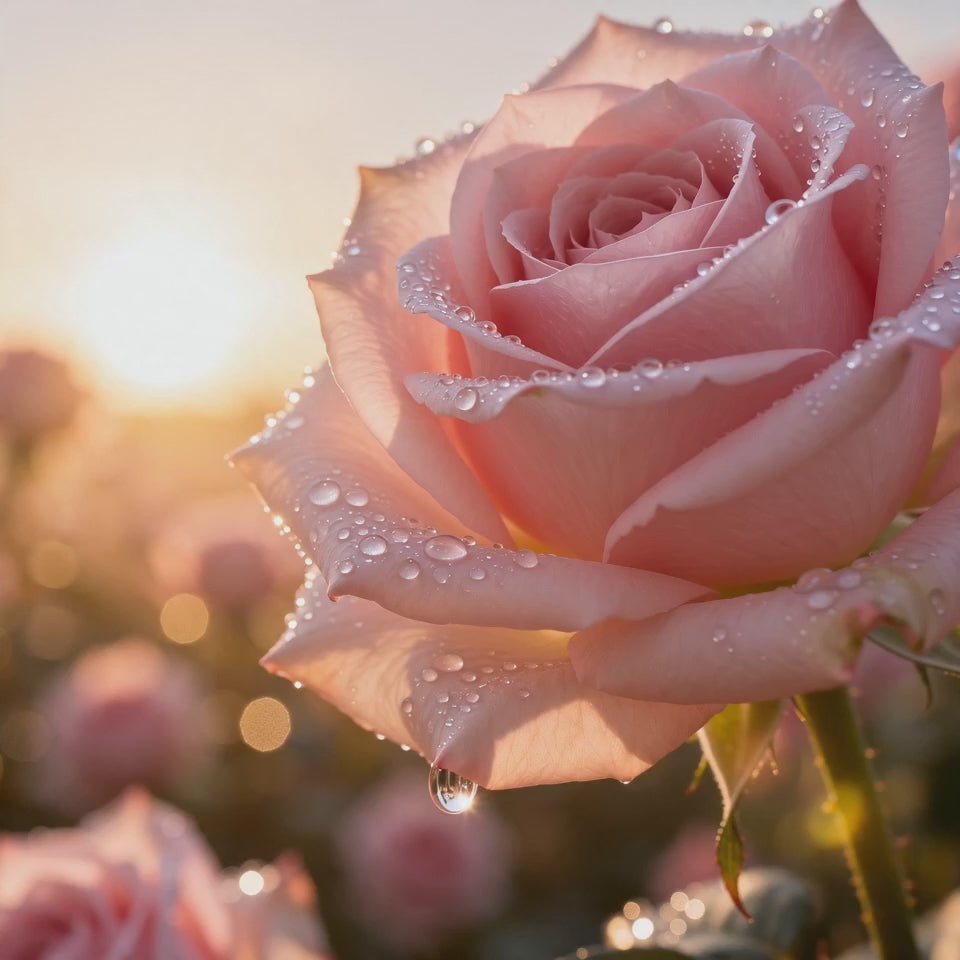 "Product video for DEHAZ Rose Royale Intensive Cream: close-up shots of the pink cream texture being swirled and applied, Damascena roses and honeycomb styling, jar rotating to display label, ending on lifestyle shot of model with radiant-looking skin."
