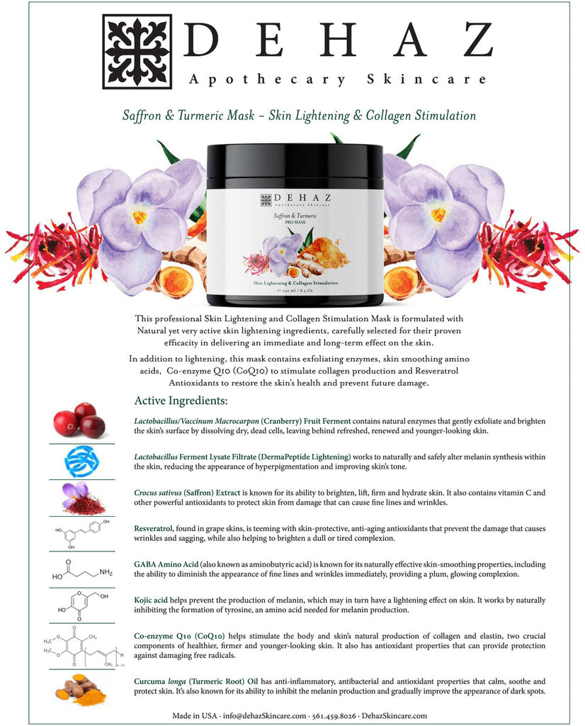 Saffron & Turmeric Vegan Mask Skin Lightening & Collagen Boost Dehaz Skincare
